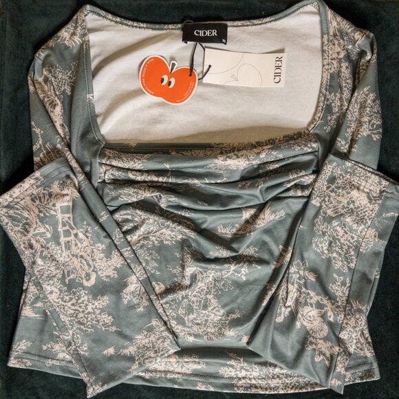 Cider Toile Print Ruched Square Neck Top | XL | Long Sleeve Feminine Cottagecore - Picture 7 of 8